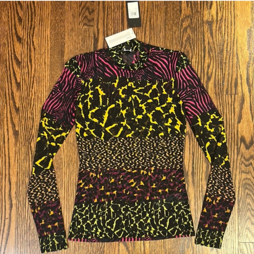 NWT Guess Multicolor Abstract Jungle Art Womens Long Sleeve See Through Small